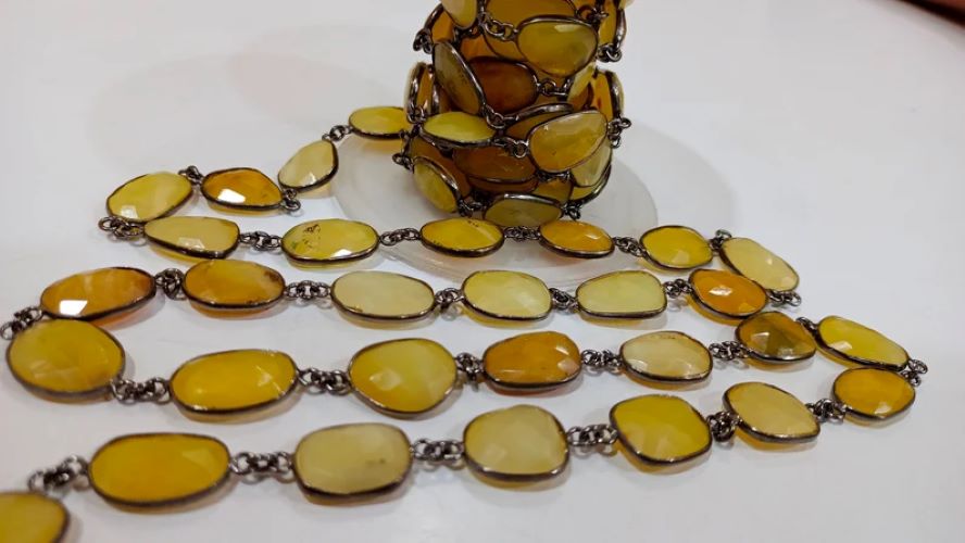 Natural yellow Opal Briolette Faceted Free Shape 12 to 15mm Bezel Connector Gemstone Chain Sold Per Foot