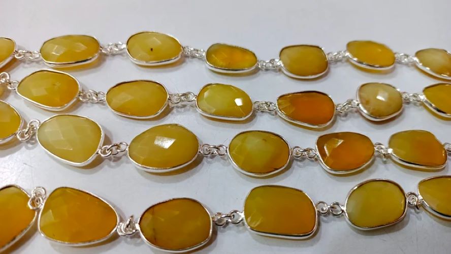Natural yellow Opal Briolette Faceted Free Shape 12 to 15mm Bezel Connector Gemstone Chain Sold Per Foot