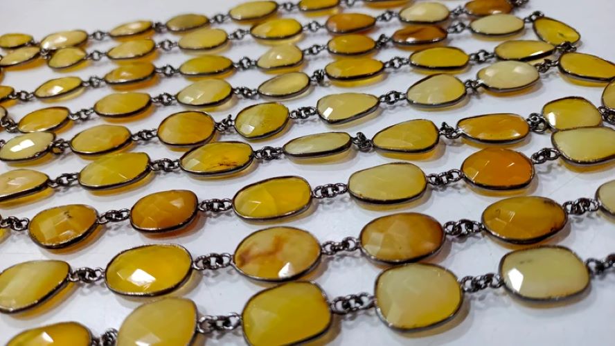 Natural yellow Opal Briolette Faceted Free Shape 12 to 15mm Bezel Connector Gemstone Chain Sold Per Foot