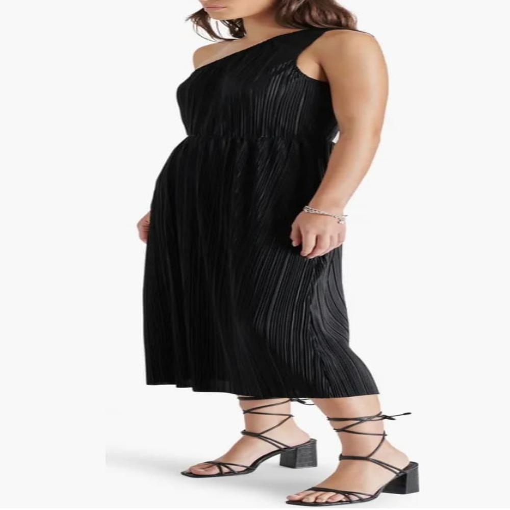 Womens Black OneShoulder Pleated Midi Dress