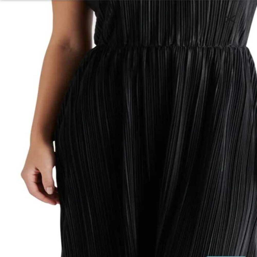 Womens Black OneShoulder Pleated Midi Dress