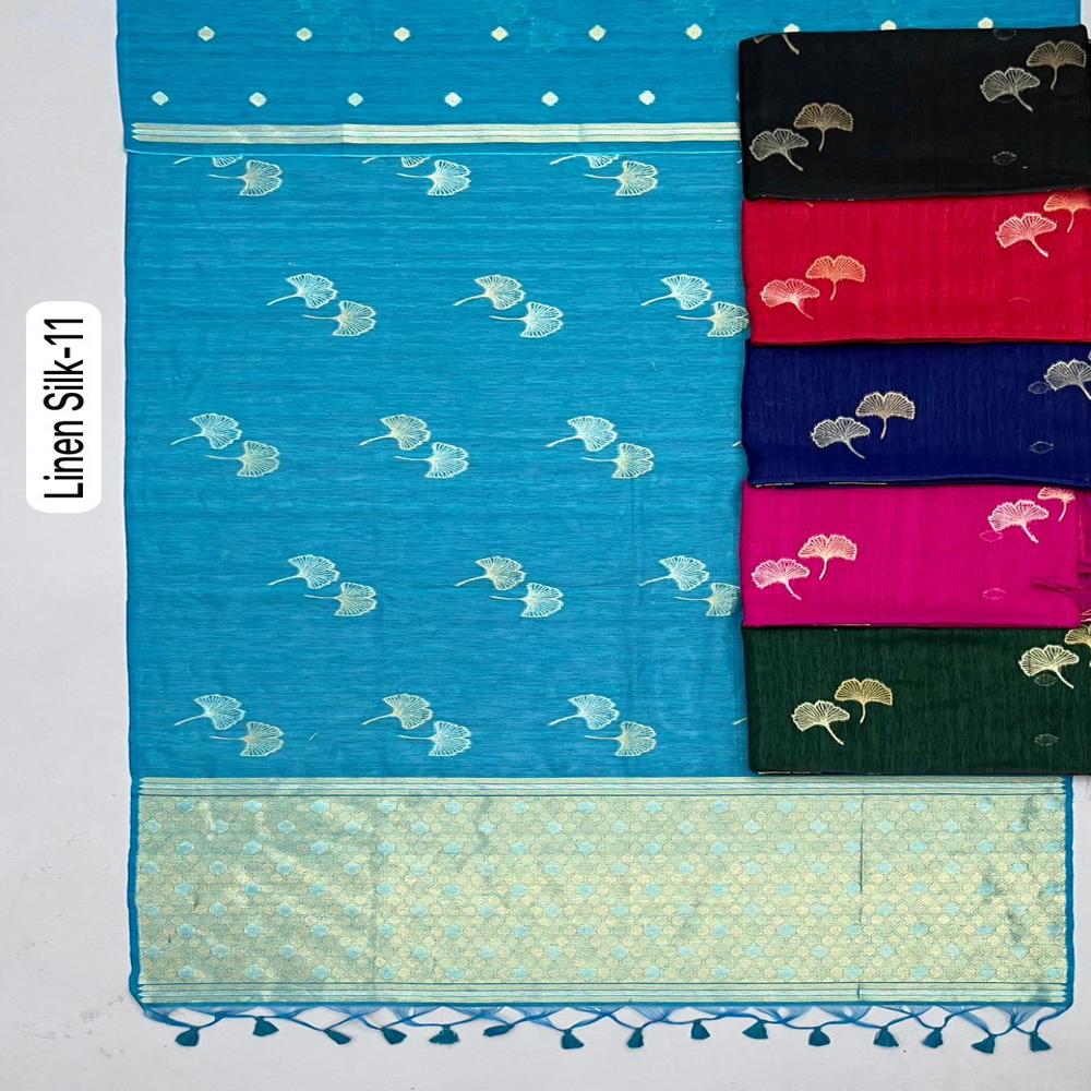Premium Linen Silk Weaving Saree With Zari Floral Border & Buta Design - Color: N.blue
