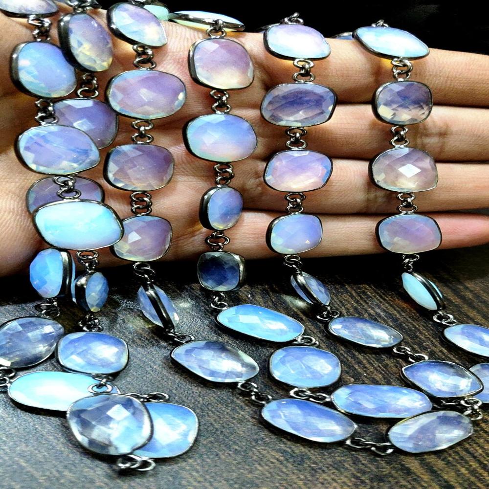 White Opalite Free Shape Briolette Faceted 10to15mm Bezel Connector Chain sold per Foot