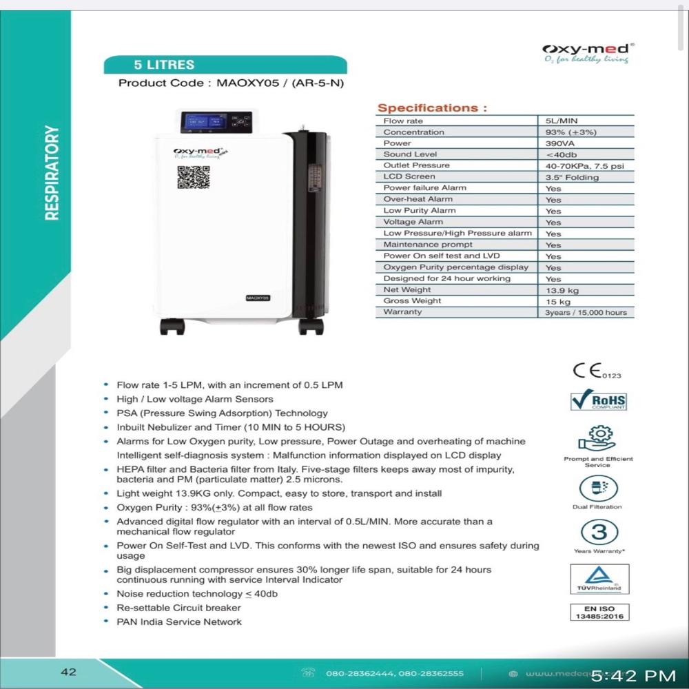 5 Ltr Oxygen Concentrator - Color: White
