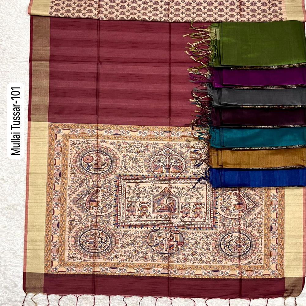 Premium Soft Tussar Silk Saree With Kalamkari Digital Printed Pallu & Rich Golden Zari Weaving Border Solid Body Elegant Saree - Color: Black