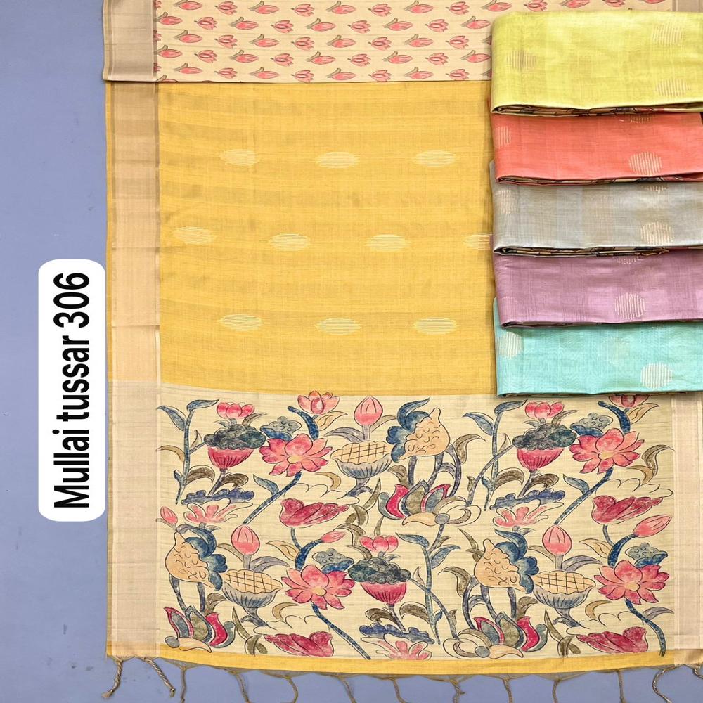 Premium Soft Tussar Silk Saree With Weaving Butta Body & Floral Kalamkari Digital Printed Pallu With Golden Zari Border - Color: Black