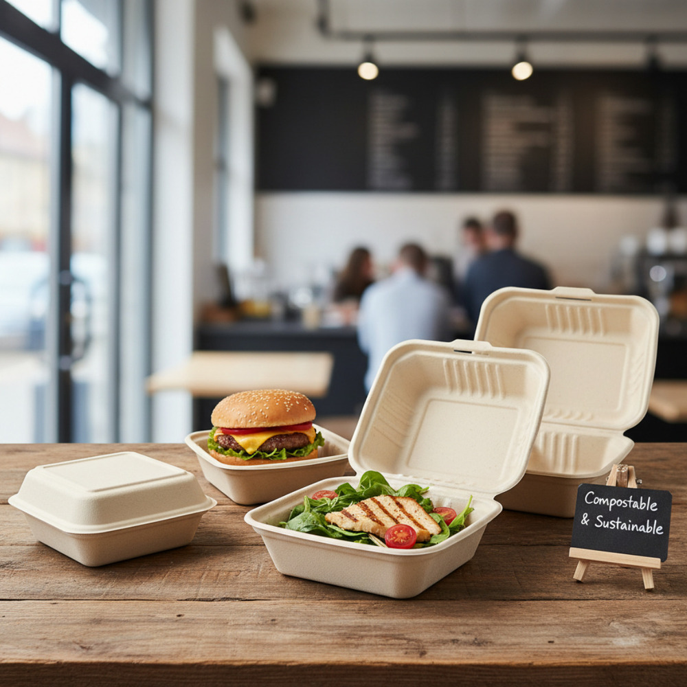 8x8inch Clamshell Bagasse Material Disposable Bento Food Box