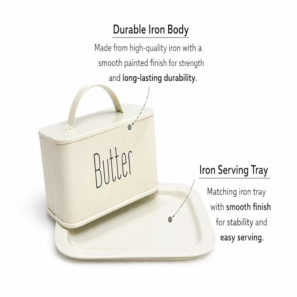 Iron Butter Dish with Lid and Tray, Cream, Durable Metal Construction, Smooth Painted Finish