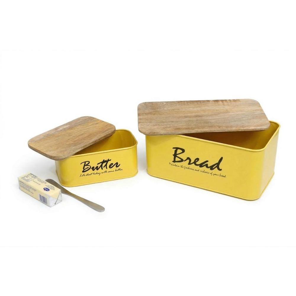 Bread and Butter Storage Container Set of 2, Metal Container with Wooden Lids, 2 Piece Kitchen Organizer, Bread Box 13.25 Inch and Butter Dish 7 Inch with Stainless Steel Butter Knife
