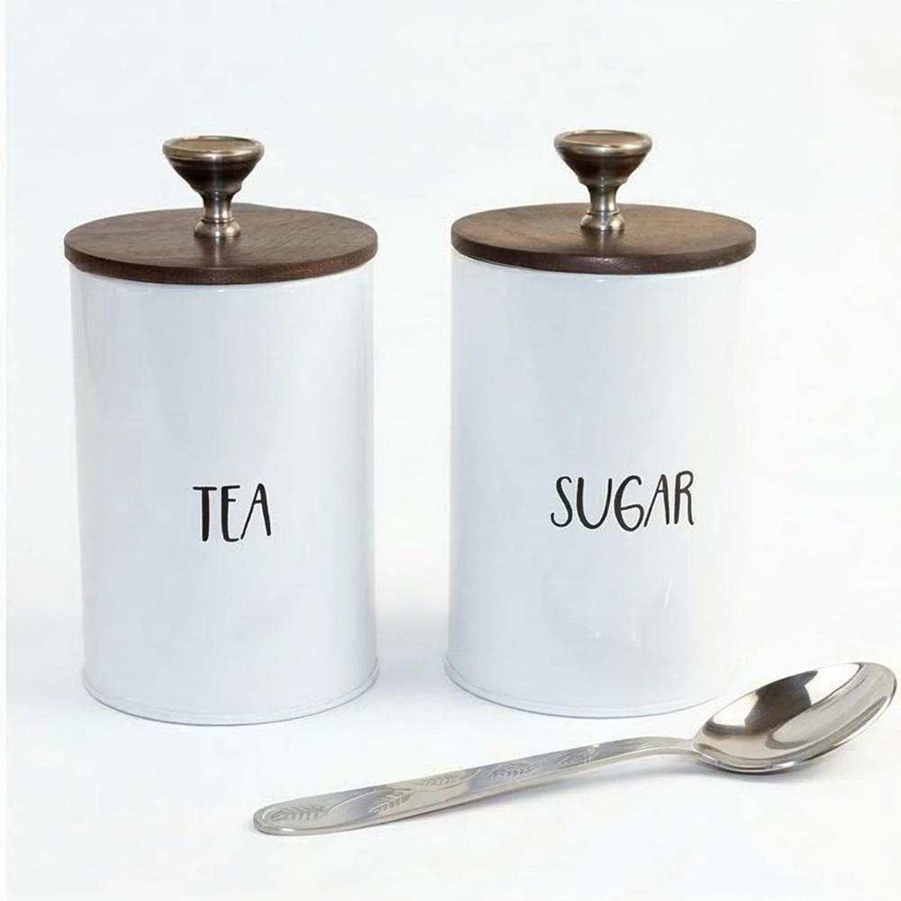 Tea and Sugar Jar Container Mango Wood Cover lids Set of 2