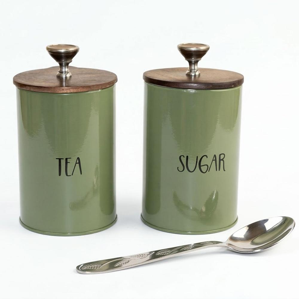 Tea and Sugar Jar Container Mango Wood Cover lids Set of 2