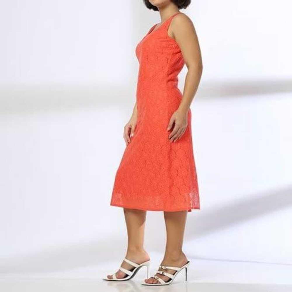 Womens Coral Lace Midi Dress