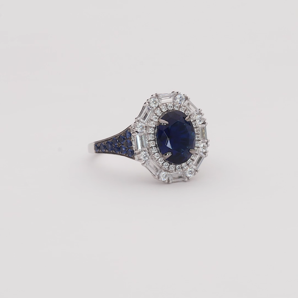 Oval Blue Sapphire Diamond Halo Gold Ring