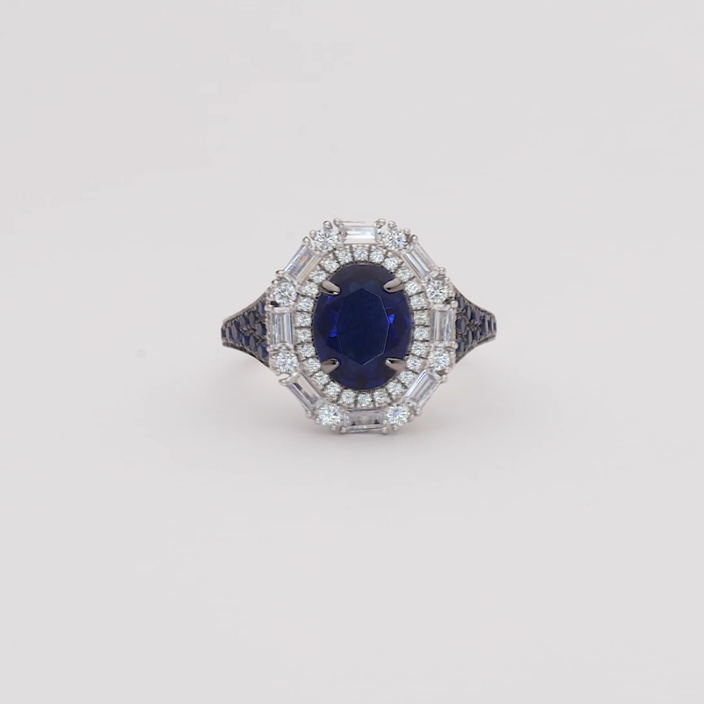 Oval Blue Sapphire Diamond Halo Gold Ring