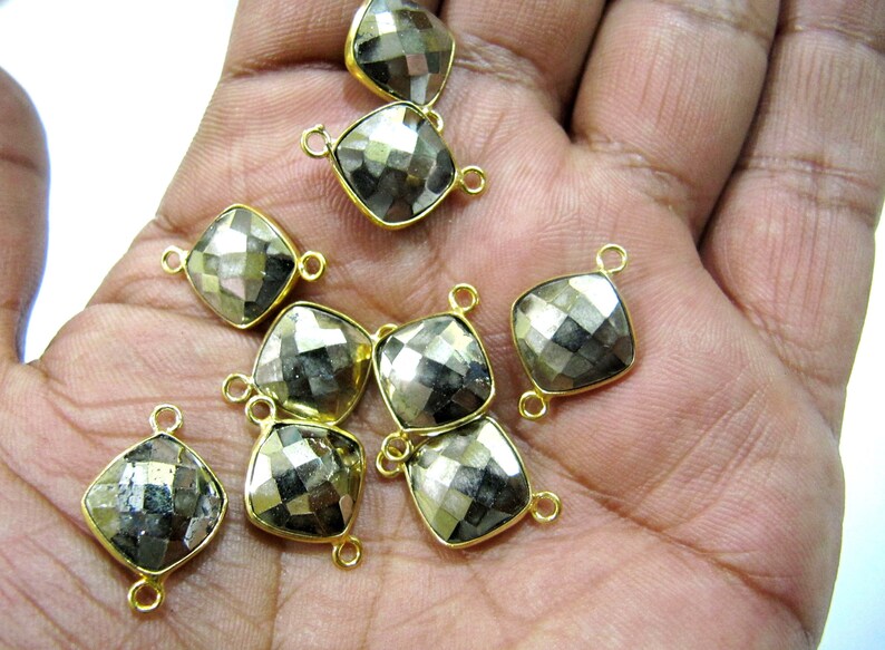 Natural Pyrite Briolette Faceted 11mm Cushion Shape Connector Charm Double Loop