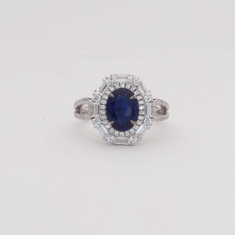 Oval Blue Sapphire Diamond Halo Designer Ring