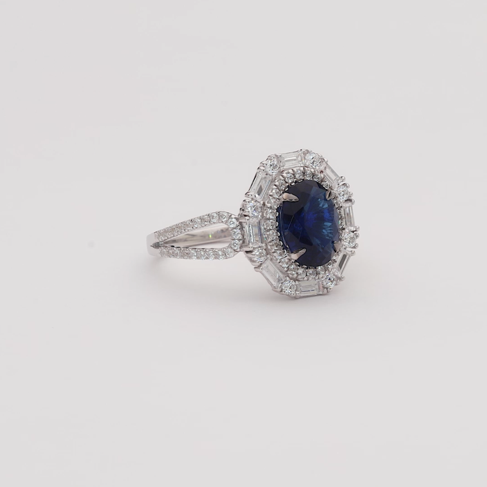 Oval Blue Sapphire Diamond Halo Designer Ring
