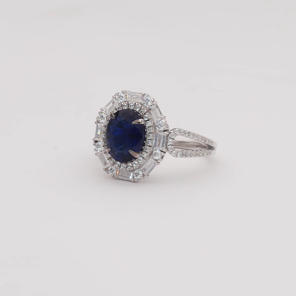 Oval Blue Sapphire Diamond Halo Designer Ring