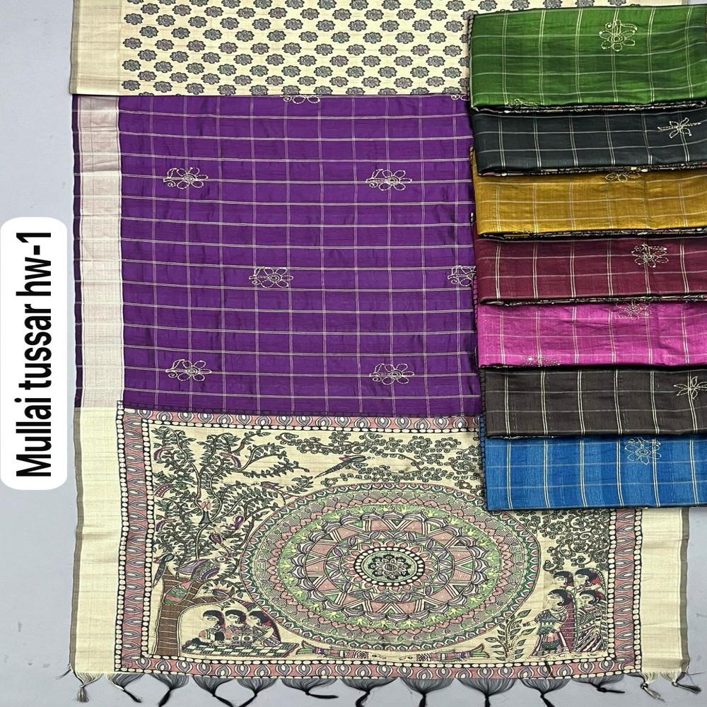 Wholesale Mullai Tussar Silk Saree With Criss Cross Weaving Checks, Rich Weaving Border And Designer Digital Printed Pallu - Color: Purple