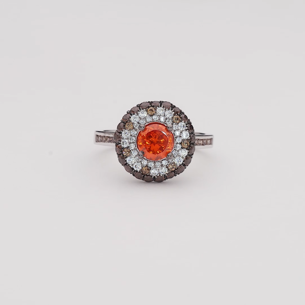 Vibrant Orange Sapphire Halo Ring With Chocolate & White Diamonds - Diamond Carat Weight: 14 Carat