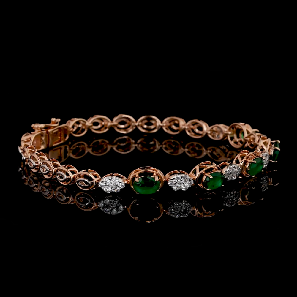 Rose Gold Oval Emerald and Diamond Alternating Link Bracelet