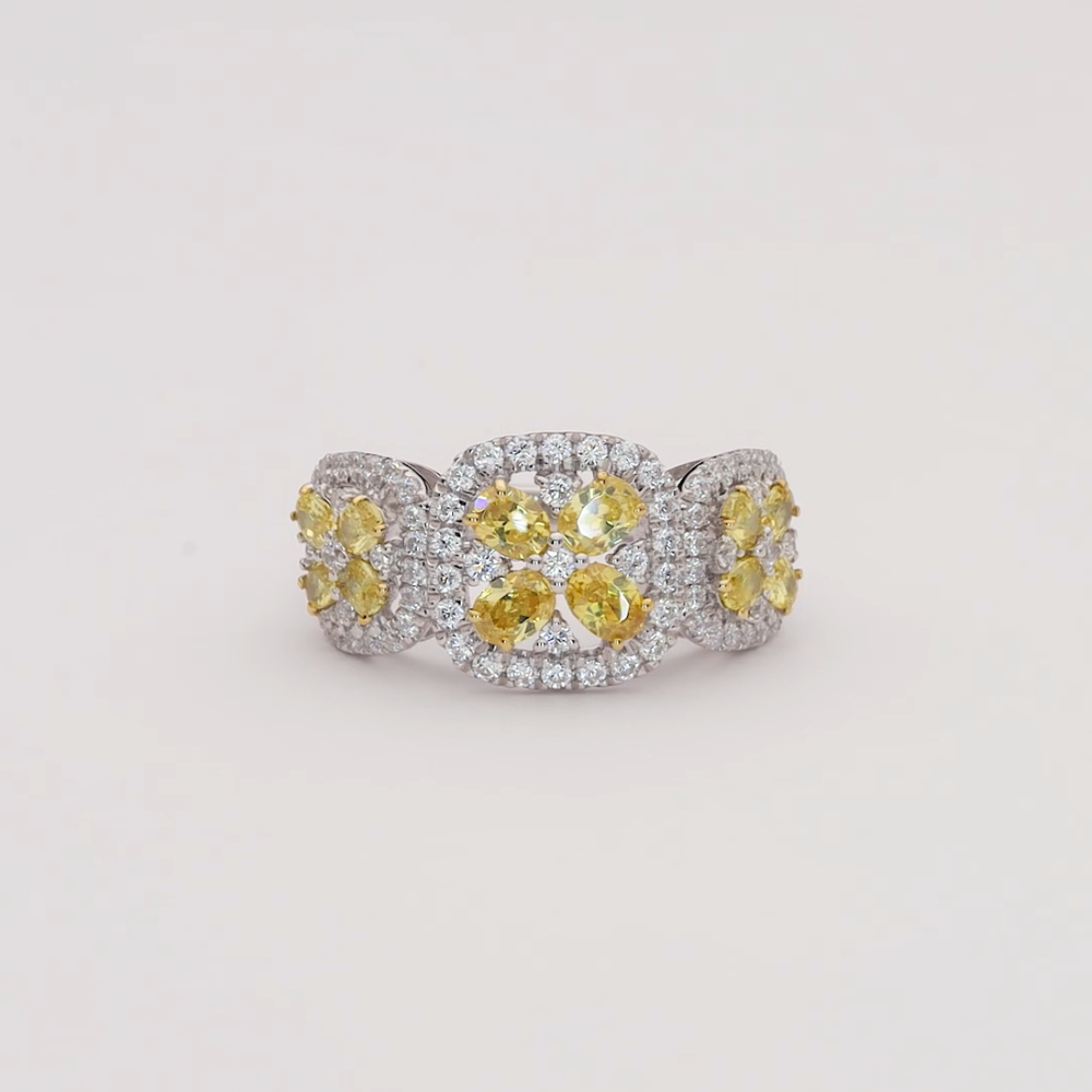 White Gold Yellow Sapphire & Diamond Multi-stone Halo Ring / Three-cluster Yellow & Diamond Ring - Diamond Carat Weight: 18 Carat
