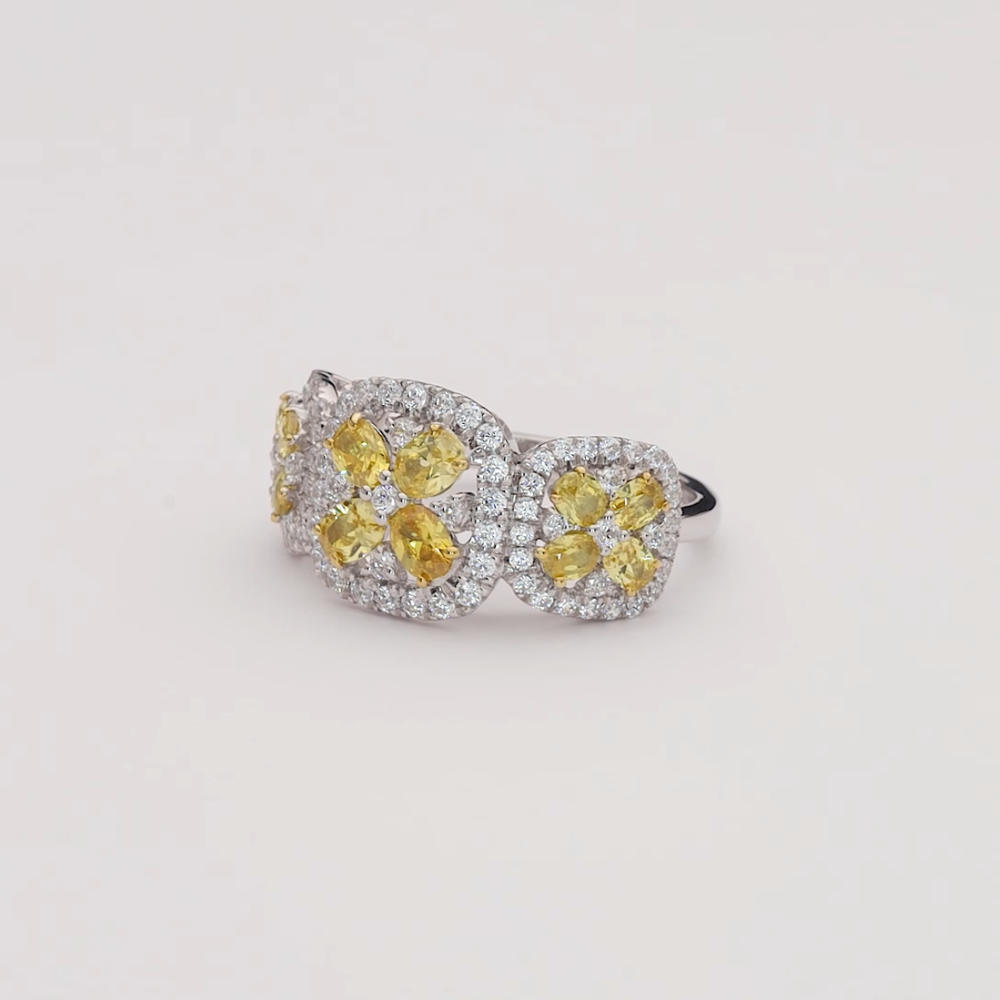 White Gold Yellow Sapphire & Diamond Multi-Stone Halo Ring / Three-Cluster Yellow & Diamond Ring