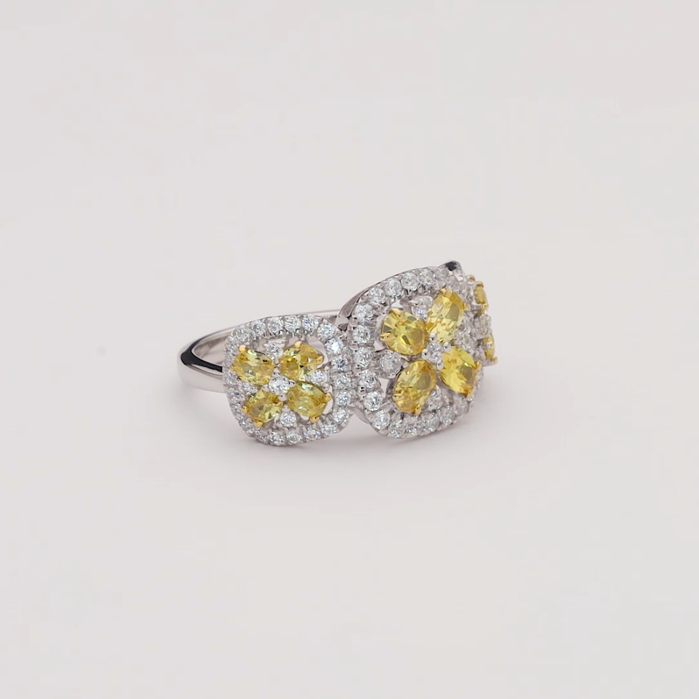 White Gold Yellow Sapphire & Diamond Multi-Stone Halo Ring / Three-Cluster Yellow & Diamond Ring
