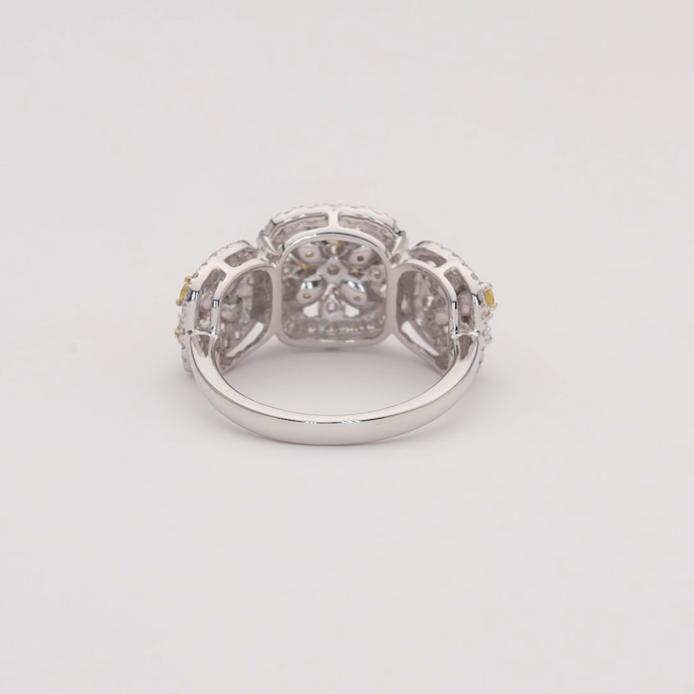 White Gold Yellow Sapphire & Diamond Multi-Stone Halo Ring / Three-Cluster Yellow & Diamond Ring