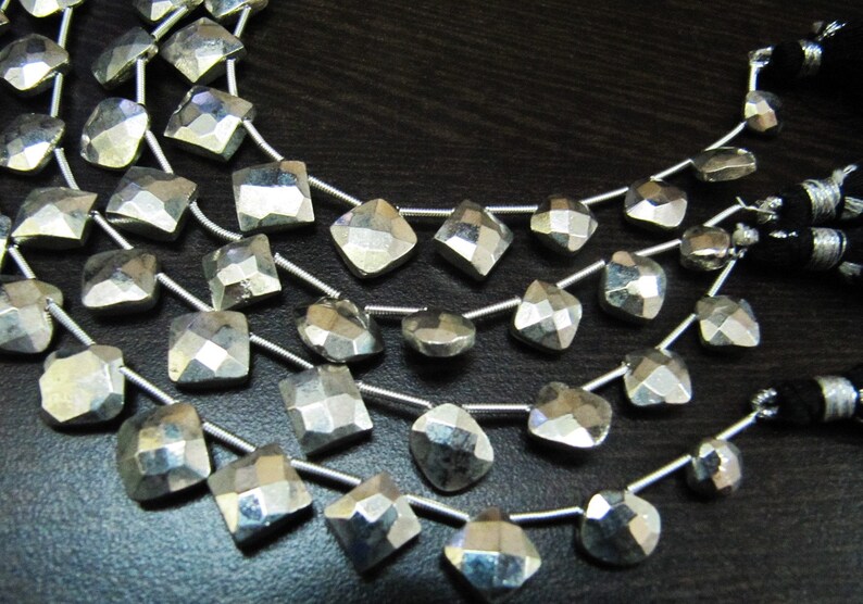 Natural Silver Pyrite Cushion Shape Briolette Faceted Beads 6 To 9mm Gemstone Beads Strand 8 inch Long