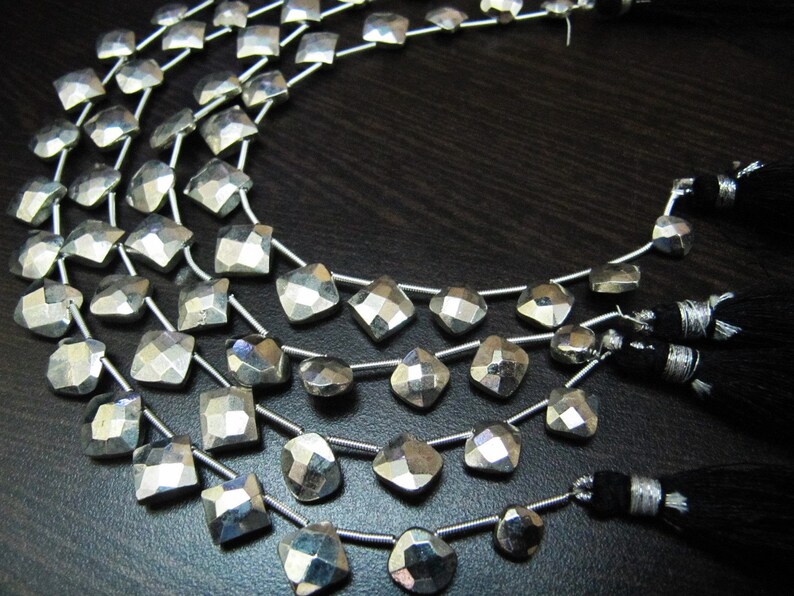 Natural Silver Pyrite Cushion Shape Briolette Faceted Beads 6 To 9mm Gemstone Beads Strand 8 inch Long