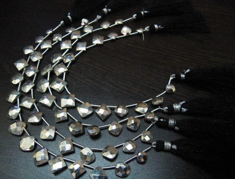 Natural Silver Pyrite Cushion Shape Briolette Faceted Beads 6 To 9mm Gemstone Beads Strand 8 inch Long