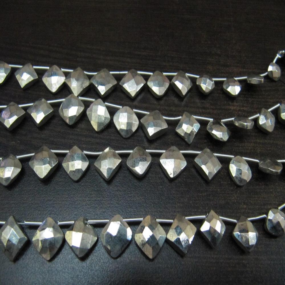Natural Silver Pyrite Cushion Shape Briolette Faceted Beads 6 To 9mm Gemstone Beads Strand 8 inch Long