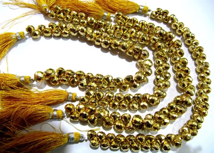 Natural Golden Pyrite Onion Shape Briolette Faceted Beads 6-7mm Strand 10 inch Long