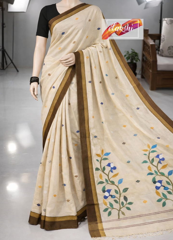 Beige Soft Cotton Hand Woven Saree