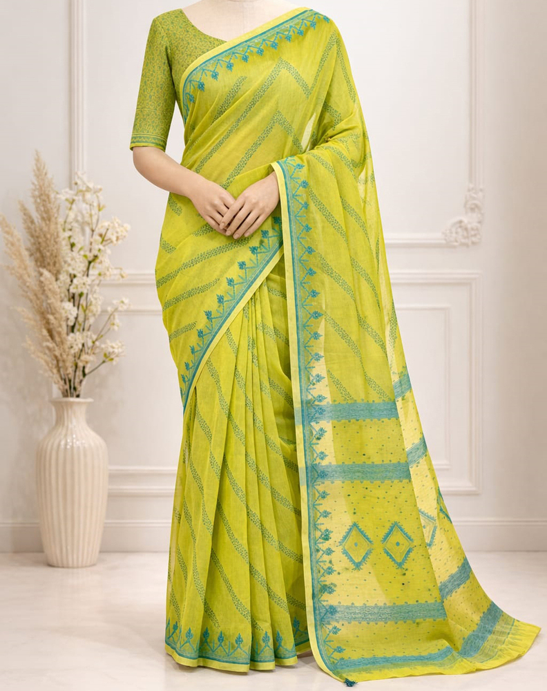 Green Soft Jamdani Saree With Hand Work And Blouse Piece