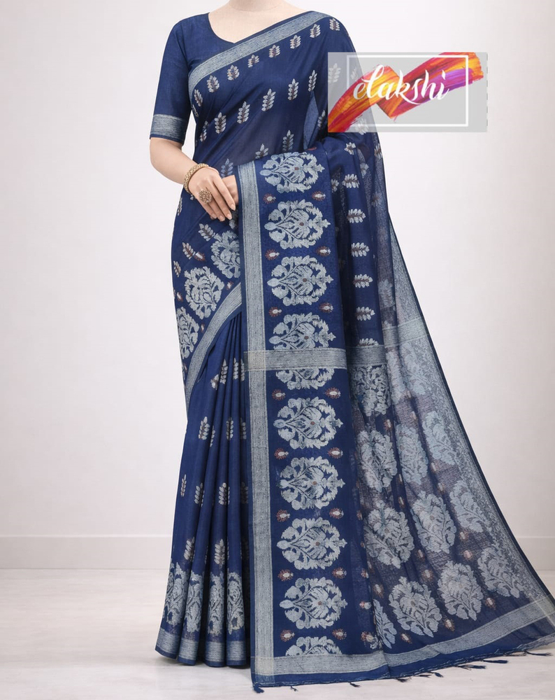 Blue Soft Jamdani Saree With Hand Work And Blouse Piece