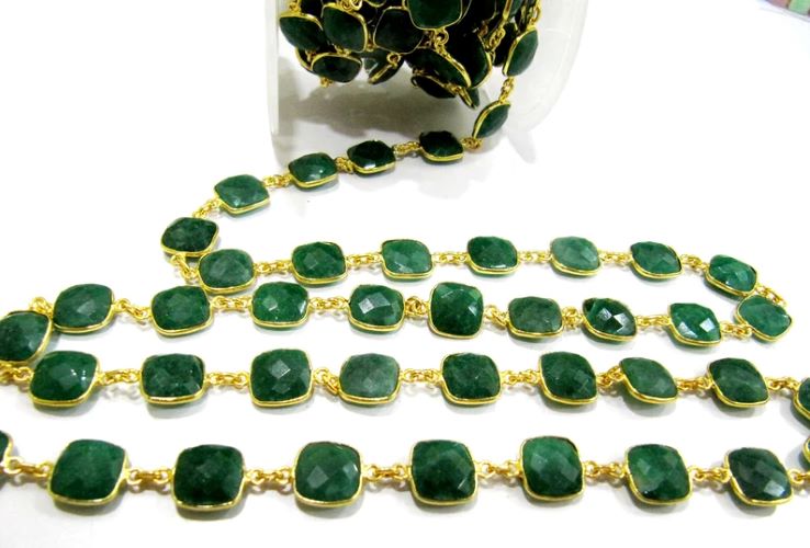 Emerald Cushion Shape Briolette Bezel Connector Chain 10mm Sold Per Foot