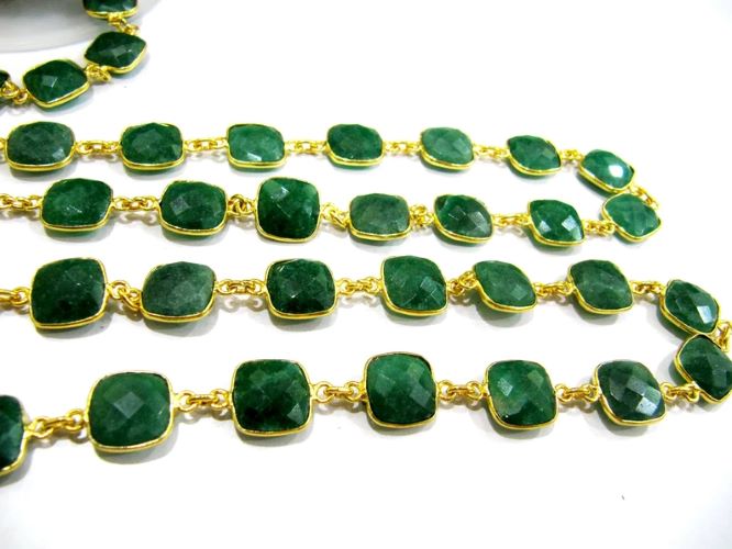 Emerald Cushion Shape Briolette Bezel Connector Chain 10mm Sold Per Foot
