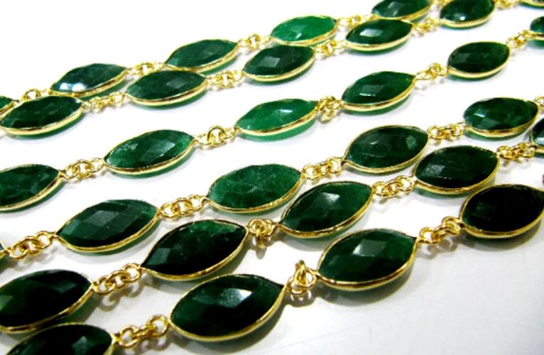 Emerald Marquise Shape Briolette Faceted Bezel Connector Chain 9x15mm Gold Plated Sold Per Foot