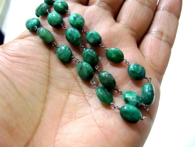 Natural Emerald Rosary Chain Smooth Oval Beads 9mm to 12mm Beryl Emerald Beaded Chain