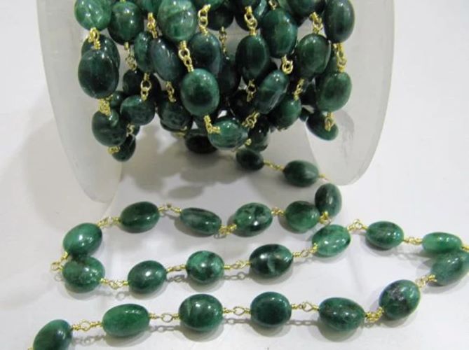 Natural Emerald Rosary Chain Smooth Oval Beads 9mm to 12mm Beryl Emerald Beaded Chain