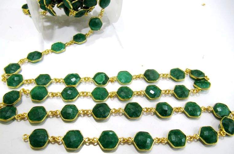 Emerald Hexagon Briolette Faceted 10mm Bezel Connector Chain Sold Per Foot