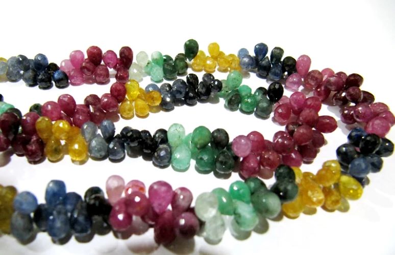 Natural Multi Precious Gemstone Ruby Emerald Sapphire faceted Tear drop Beads 5 to 10mm