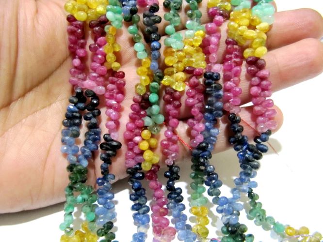 Natural Multi Precious Gemstone Ruby Emerald Sapphire faceted Tear drop Beads 5 to 10mm