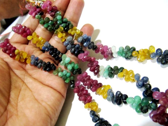 Natural Multi Precious Gemstone Ruby Emerald Sapphire faceted Tear drop Beads 5 to 10mm