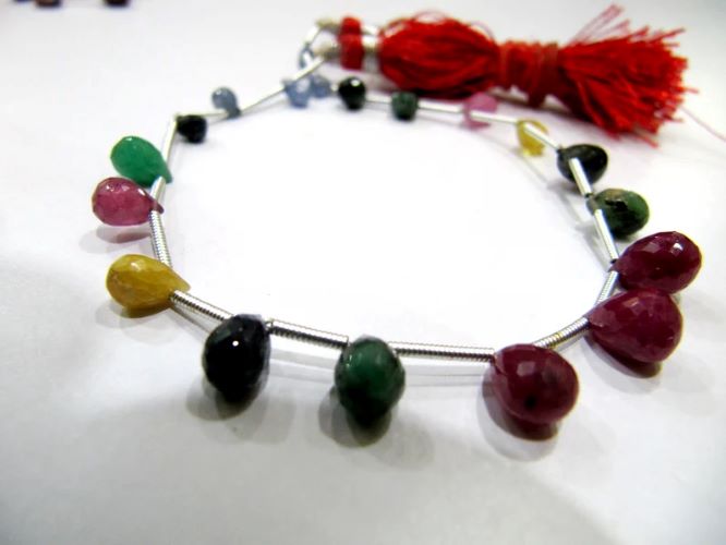Natural Multi Precious Gemstone Ruby Emerald Sapphire Faceted Briolette Size 4x6 To 6x9mm Teardrop Strand 8inch - Beads Material: Stone