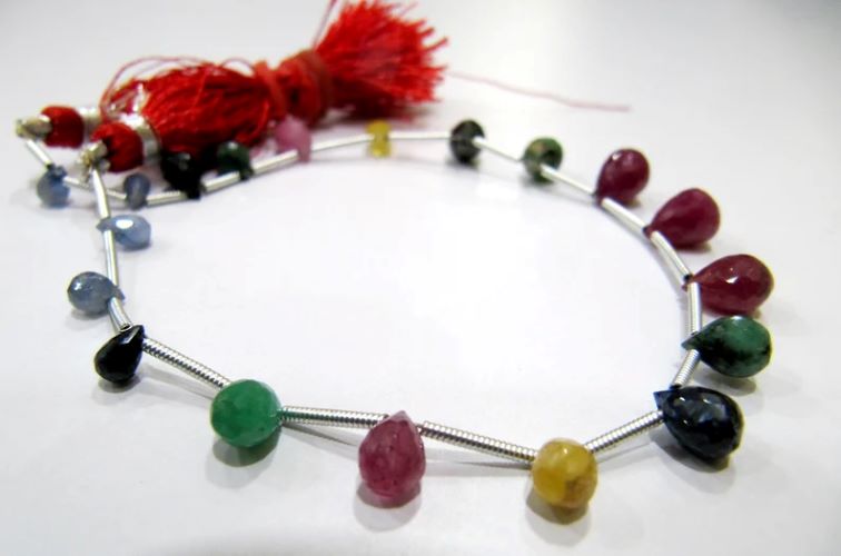 Natural Multi Precious Gemstone Ruby Emerald Sapphire faceted Briolette Size 4x6 to 6x9mm Teardrop strand 8inch