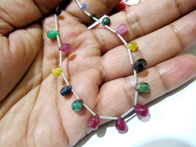 Natural Multi Precious Gemstone Ruby Emerald Sapphire faceted Briolette Size 4x6 to 6x9mm Teardrop strand 8inch