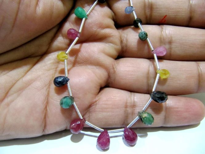 Natural Multi Precious Gemstone Ruby Emerald Sapphire faceted Briolette Size 4x6 to 6x9mm Teardrop strand 8inch